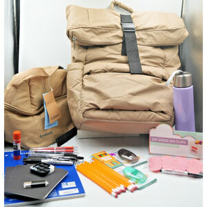 Tan Puffer Backpack Bundle with Embark Lunchbox and 25+ Back to School Items